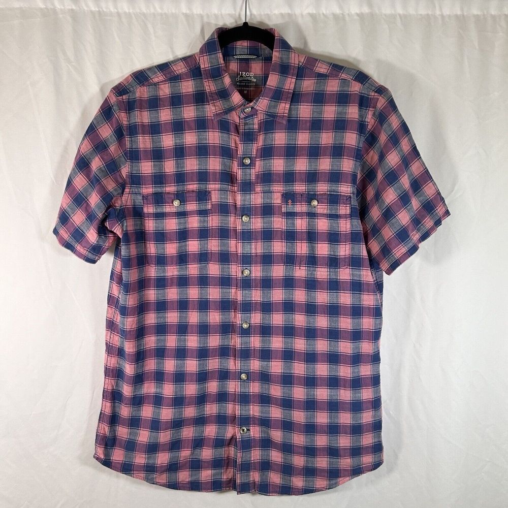 IZOD Saltwater Shirt Men's Medium Pink Blue Plaid Short Sleeve Button Up